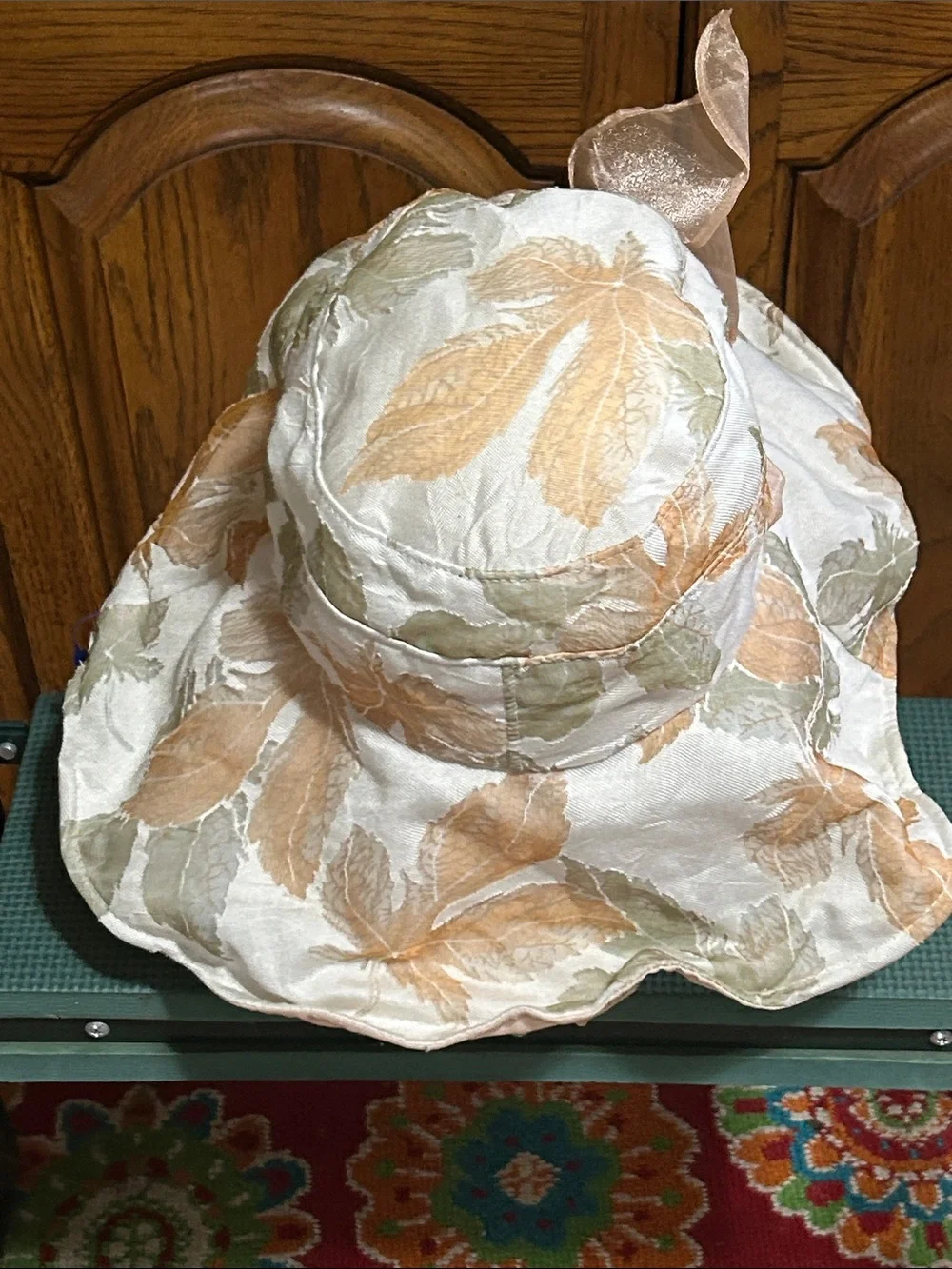 Wide Brim Floral Organza Sun Hat - Peach & Cream